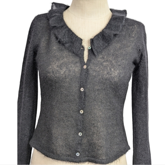 Margaret O'Leary Black Ruffle Flare Sleeve Button Cardigan Size 1 (XS/S) Mohair - Picture 4 of 16